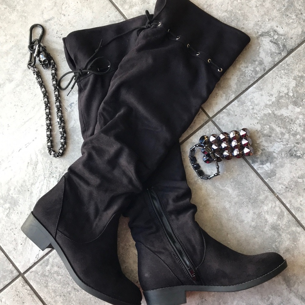 Black suede OTK boots